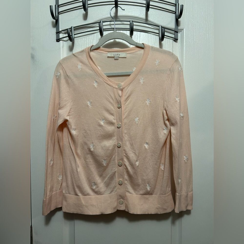 LOFT Lightweight Cardigan Sweater Womens S light‎ pink Embroidered Floral Button